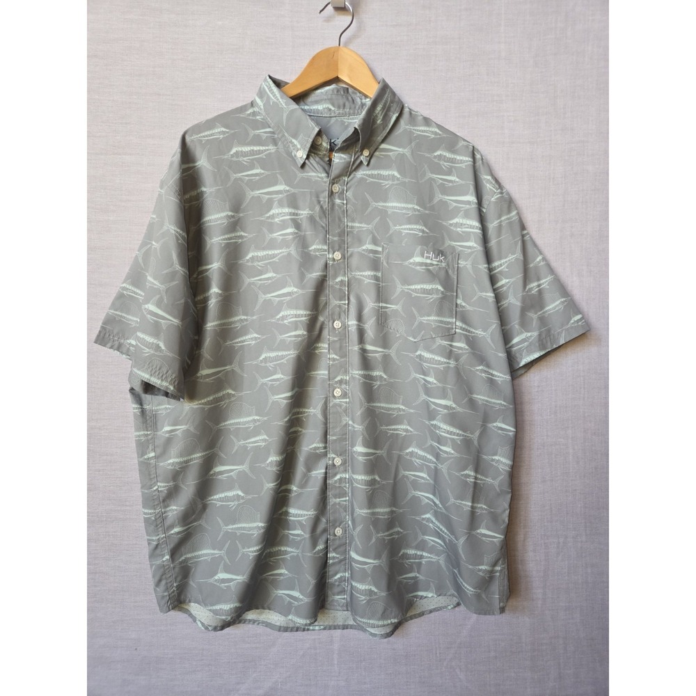 Huk Fishing Shirt Mens XL Gray Aqua Fish Print Button Down Vented Stretch